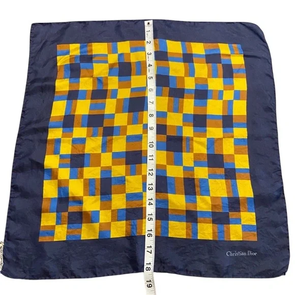 Auth Christian Dior Blue Yellow Geometric Silk Scarf - Picture 5 of 6